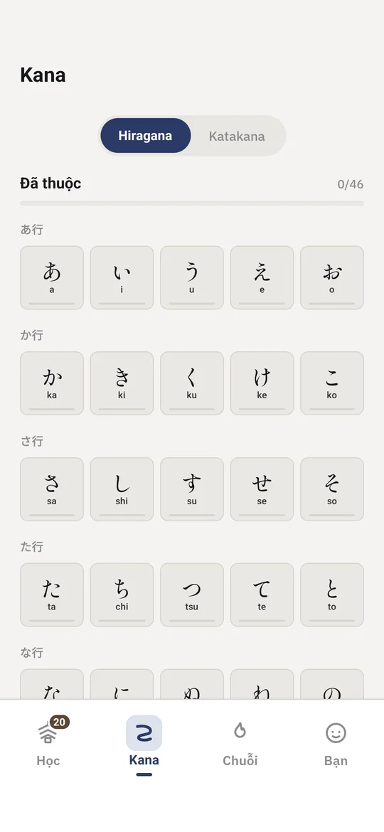 Tab Kana của Hajime: bảng Hiragana xếp theo hàng